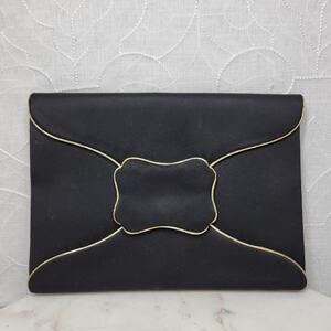 Vintage Yves Saint Laurent Silk Envelope Clutch 9" Black Gold Trim France